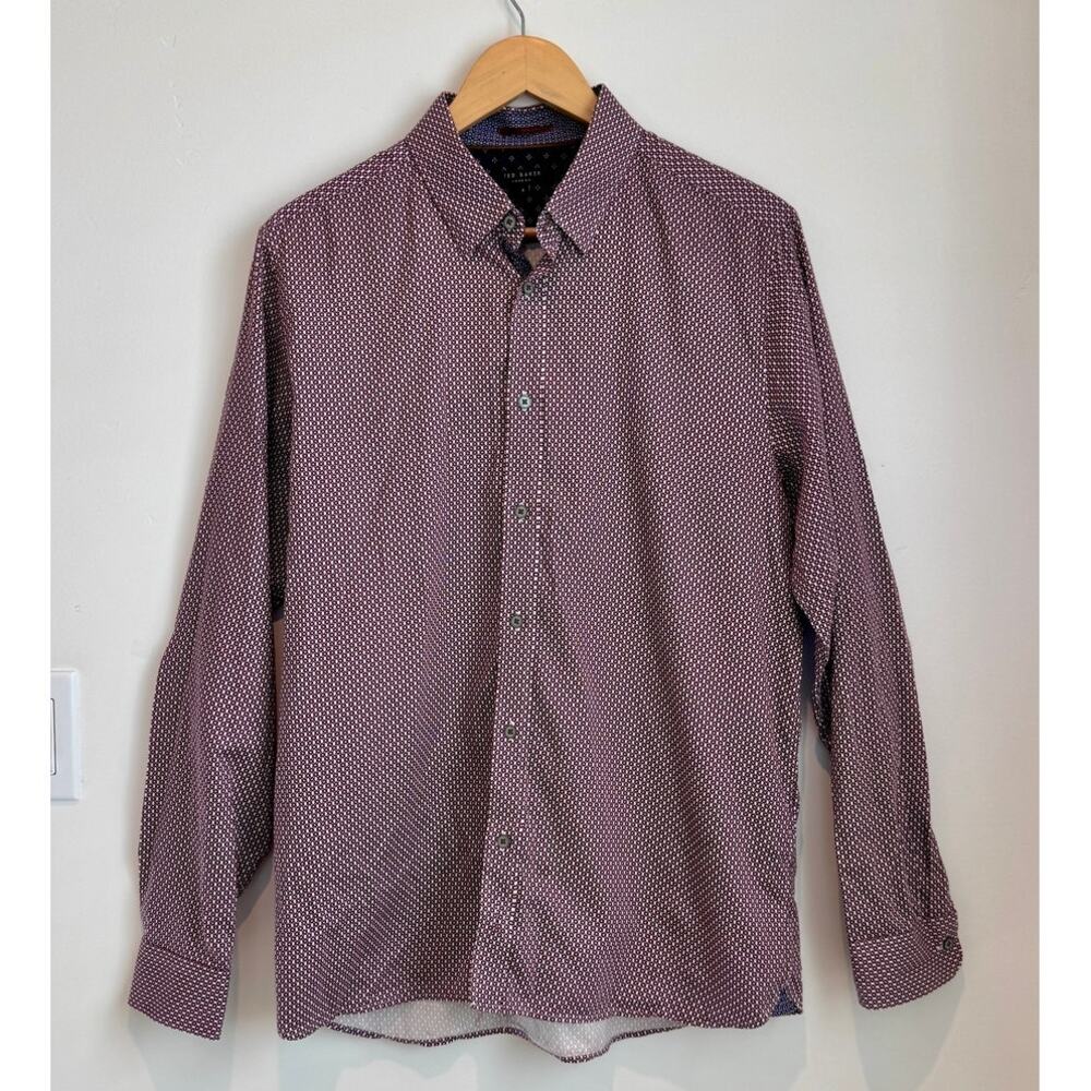 Ted Baker Men's Button Up Shirt Size 5 Burgundy Geometric Print Long Sleeve